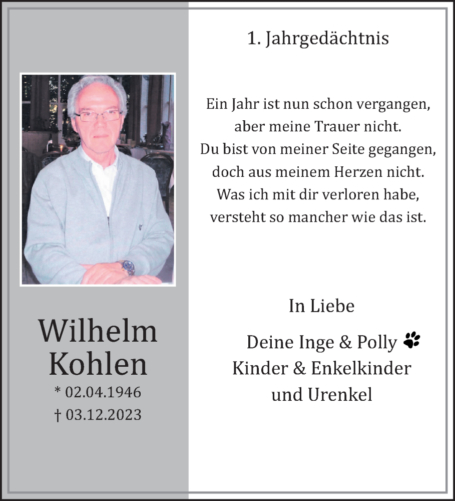  Traueranzeige für Wilhelm Kohlen vom 01.12.2024 aus trauer.extra-tipp-moenchengladbach.de