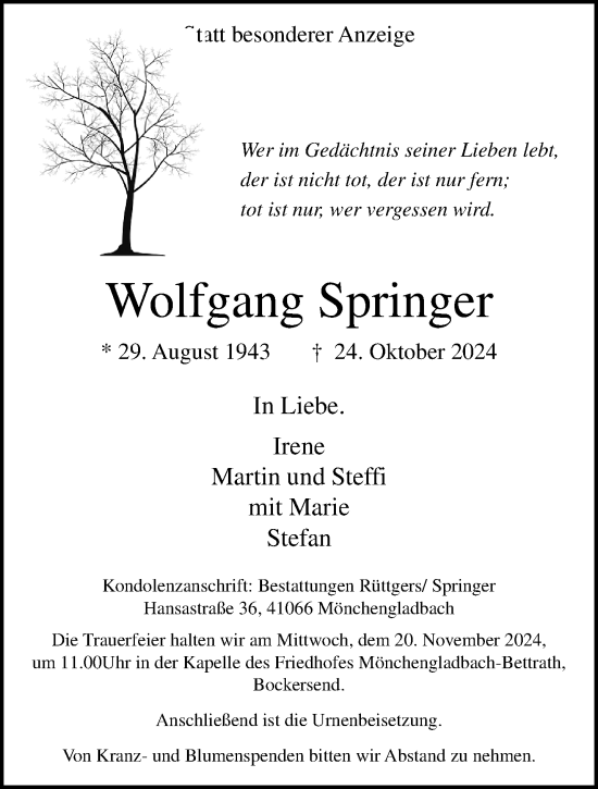 Traueranzeige von Wolfgang Springer von trauer.extra-tipp-moenchengladbach.de