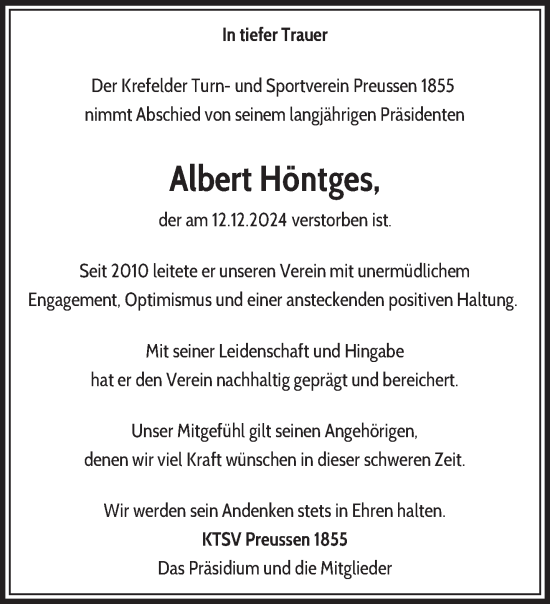 Traueranzeige von Albert Höntges von trauer.extra-tipp-moenchengladbach.de