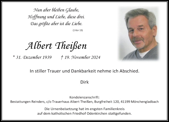 Traueranzeige von Albert Theißen von trauer.extra-tipp-moenchengladbach.de