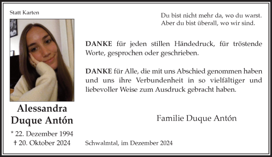 Traueranzeige von Alessandra Duque Anton von trauer.extra-tipp-moenchengladbach.de