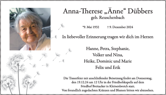 Traueranzeige von Anna-Therese Dübbers von trauer.extra-tipp-moenchengladbach.de