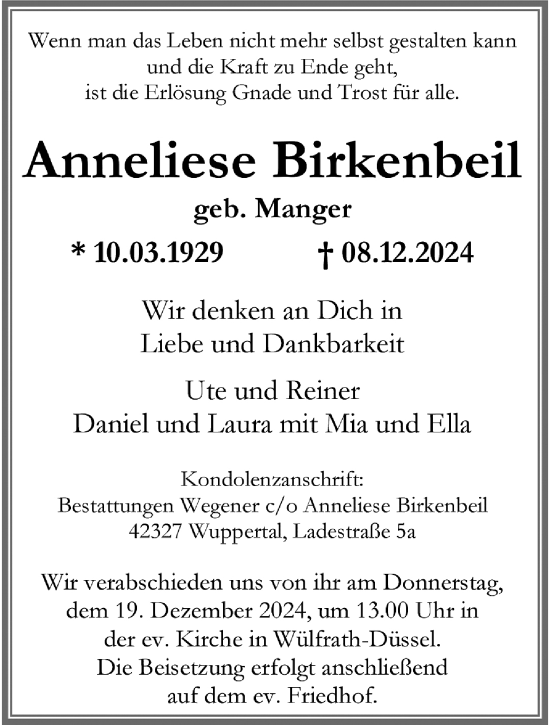 Traueranzeige von Anneliese Birkenbeil von trauer.wuppertaler-rundschau.de