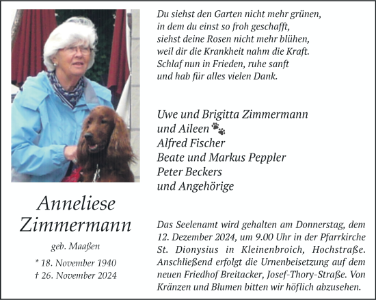 Traueranzeige von Anneliese Zimmermann von trauer.extra-tipp-moenchengladbach.de