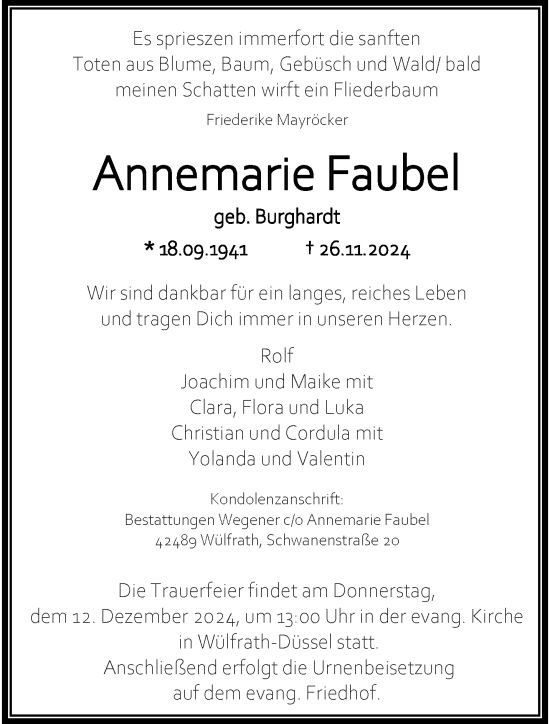 Traueranzeige von Annemarie Faubel von trauer.wuppertaler-rundschau.de