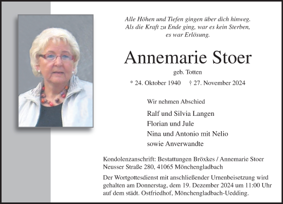 Traueranzeige von Annemarie Stoer von trauer.extra-tipp-moenchengladbach.de