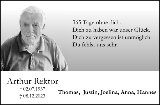 Traueranzeige von Arthur Rektor von trauer.extra-tipp-moenchengladbach.de