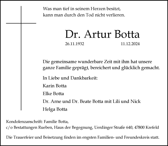 Traueranzeige von Artur Botta von trauer.extra-tipp-moenchengladbach.de