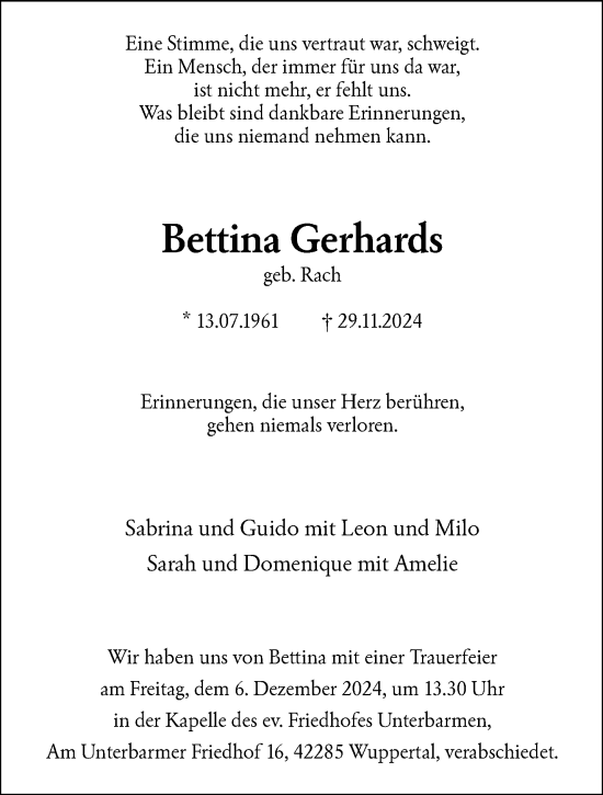 Traueranzeige von Bettina Gerhards von trauer.wuppertaler-rundschau.de