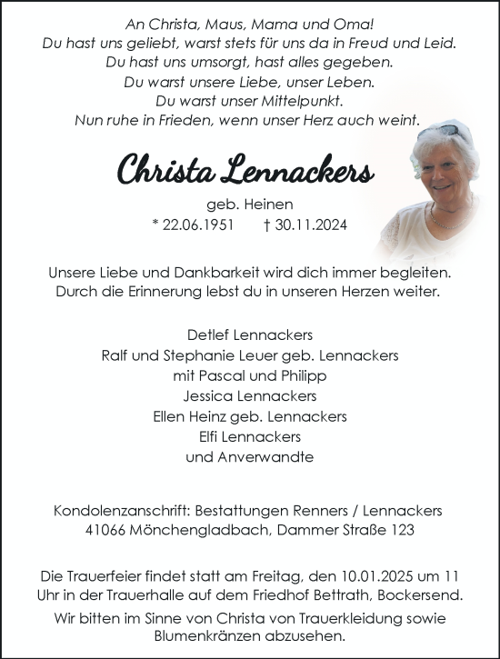 Traueranzeige von Christa Lennackers von trauer.extra-tipp-moenchengladbach.de