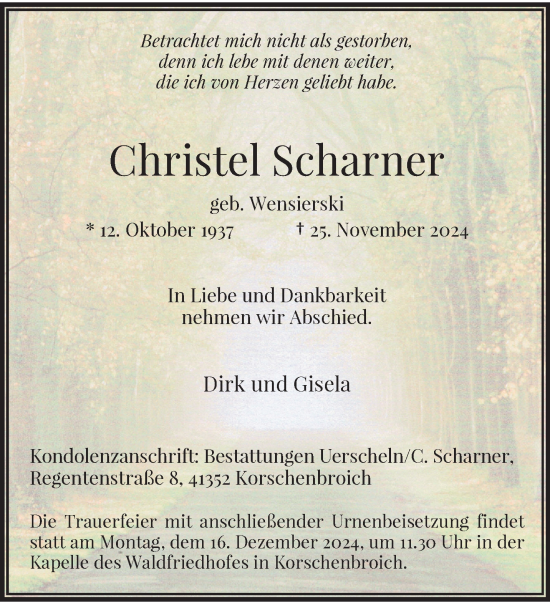 Traueranzeige von Christel Scharner von trauer.extra-tipp-moenchengladbach.de