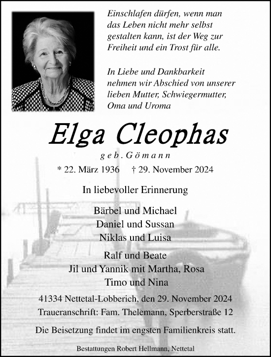 Traueranzeige von Elga Cleophas von trauer.extra-tipp-moenchengladbach.de