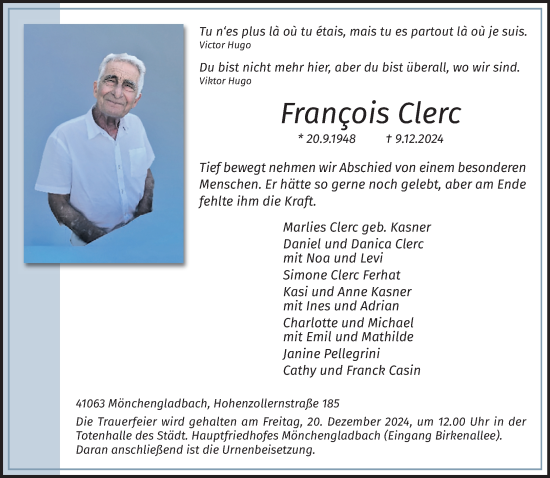 Traueranzeige von Francois Clerc von trauer.extra-tipp-moenchengladbach.de