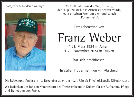 Traueranzeige von Franz Weber von trauer.extra-tipp-moenchengladbach.de