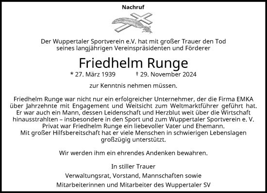 Traueranzeige von Friedhelm Runge von trauer.wuppertaler-rundschau.de