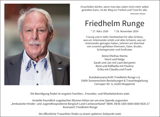 Traueranzeige von Friedhelm Runge von trauer.wuppertaler-rundschau.de