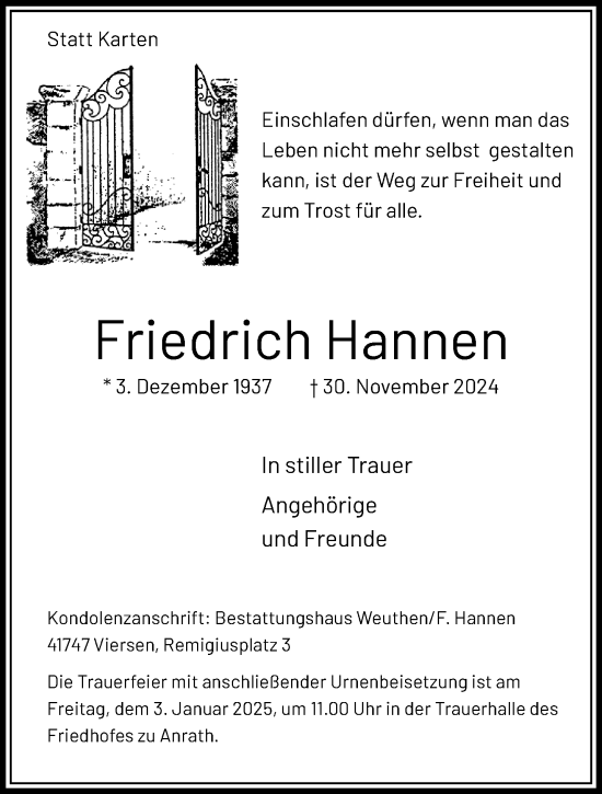 Traueranzeige von Friedrich Hannen von trauer.extra-tipp-moenchengladbach.de