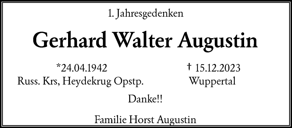  Traueranzeige für Gerhard Walter Augustin vom 14.12.2024 aus trauer.wuppertaler-rundschau.de