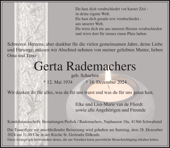 Traueranzeige von Gerta Rademachers von trauer.extra-tipp-moenchengladbach.de