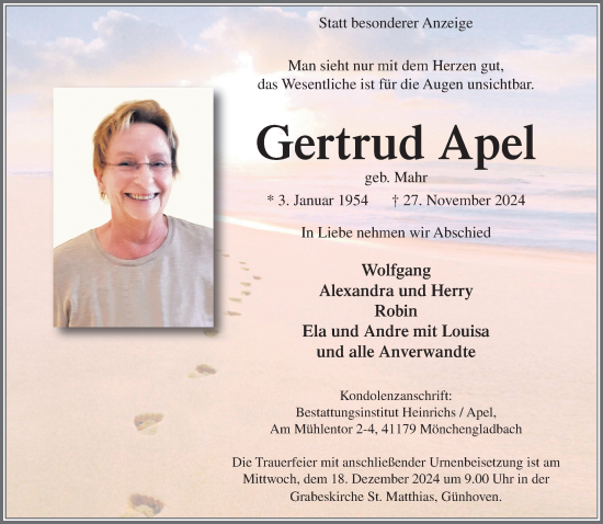 Traueranzeige von Gertrud Apel von trauer.extra-tipp-moenchengladbach.de