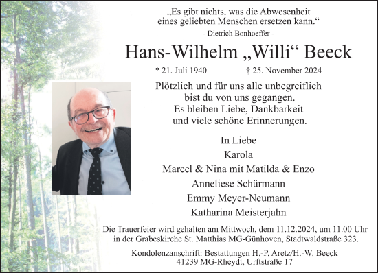 Traueranzeige von Hans-Wilhelm Beeck von trauer.extra-tipp-moenchengladbach.de