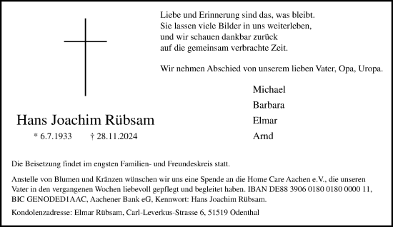 Traueranzeige von Hans Joachim Rübsam von trauer.extra-tipp-moenchengladbach.de