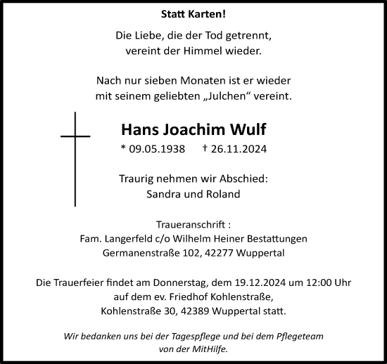 Traueranzeige von Hans Joachim Wulf von trauer.wuppertaler-rundschau.de