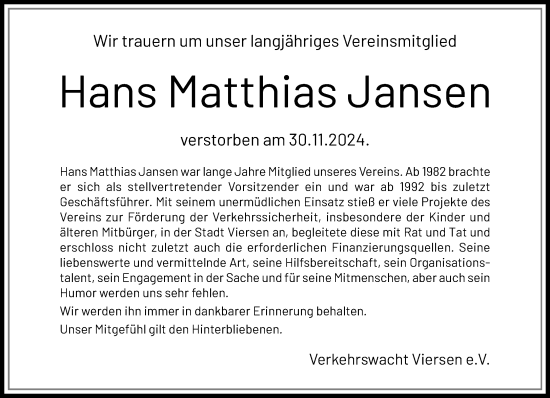 Traueranzeige von Hans Matthias Jansen von trauer.extra-tipp-moenchengladbach.de