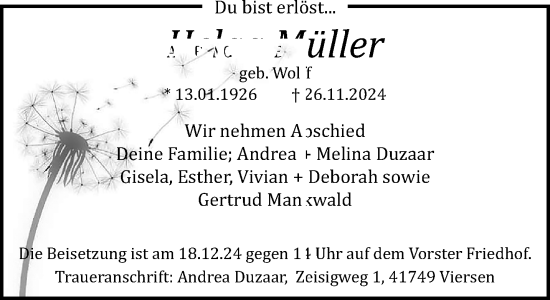 Traueranzeige von Helga Müller von trauer.extra-tipp-moenchengladbach.de