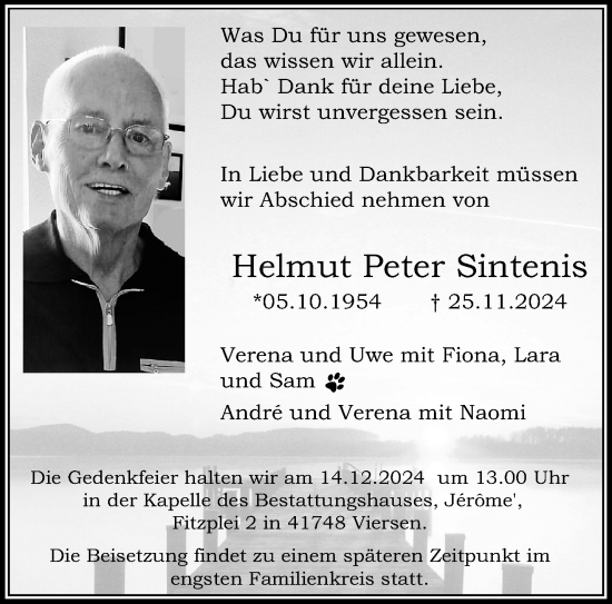 Traueranzeige von Helmut Peter Sintenis von trauer.extra-tipp-moenchengladbach.de