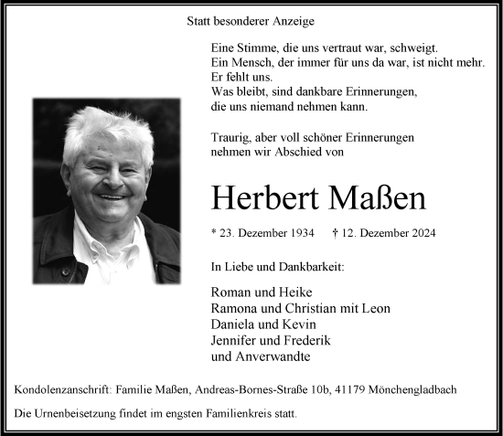 Traueranzeige von Herbert Maßen von trauer.extra-tipp-moenchengladbach.de