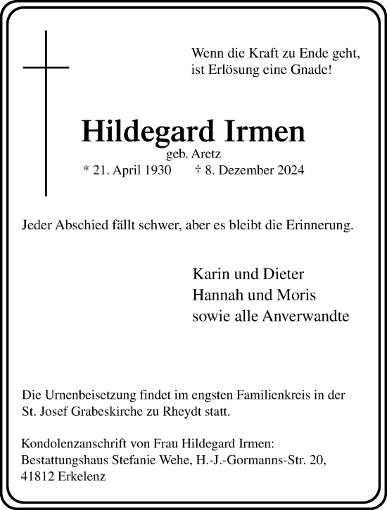 Traueranzeige von Hildegard Irmen von trauer.extra-tipp-moenchengladbach.de