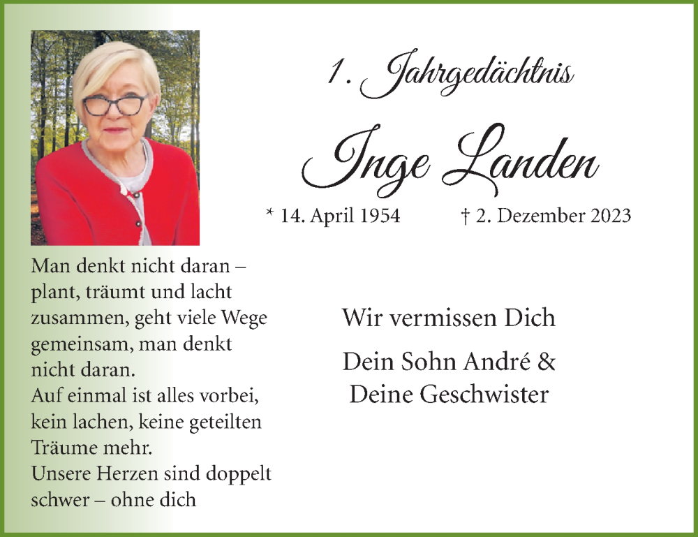 Traueranzeige für Inge Landen vom 08.12.2024 aus trauer.extra-tipp-moenchengladbach.de