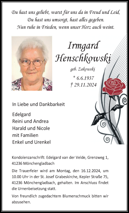 Traueranzeige von Irmgard Henschkowski von trauer.extra-tipp-moenchengladbach.de