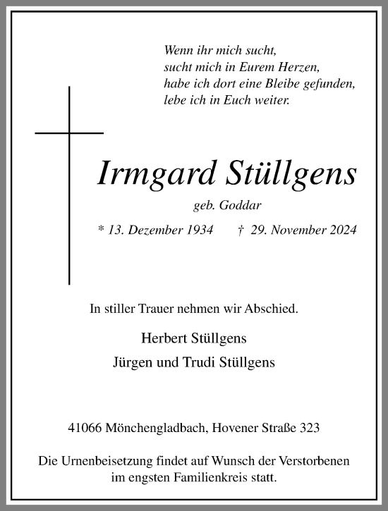 Traueranzeige von Irmgard Stüllgens von trauer.extra-tipp-moenchengladbach.de