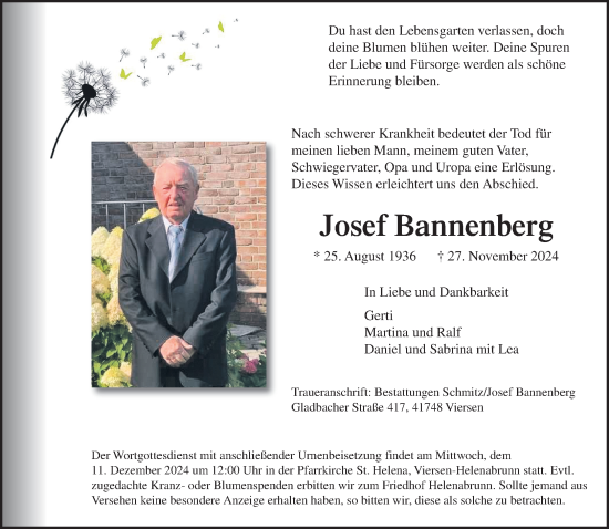 Traueranzeige von Josef Bannenberg von trauer.extra-tipp-moenchengladbach.de