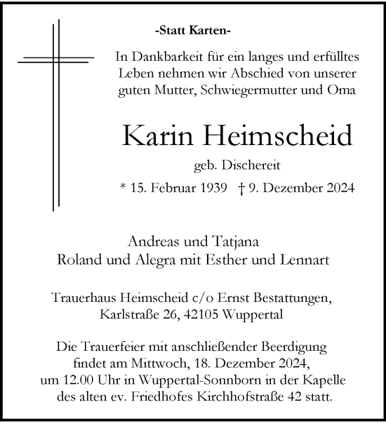 Traueranzeige von Karin Heimscheid von trauer.wuppertaler-rundschau.de