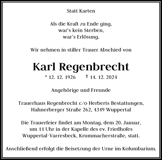 Traueranzeige von Karl Regenbrecht von trauer.wuppertaler-rundschau.de