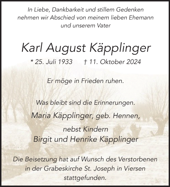 Traueranzeige von Karl August Käpplinger von trauer.extra-tipp-moenchengladbach.de