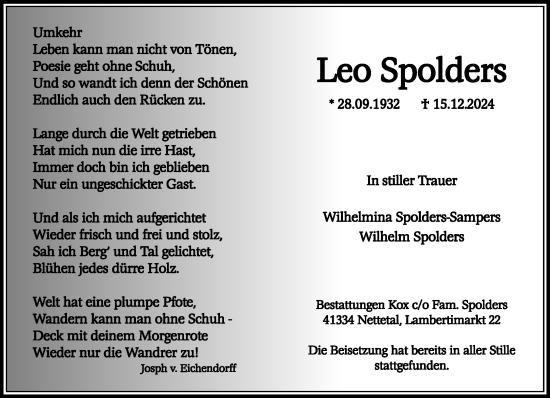 Traueranzeige von Leo Spolders von trauer.extra-tipp-moenchengladbach.de