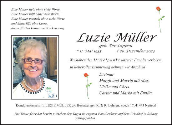 Traueranzeige von Luzie Müller von trauer.extra-tipp-moenchengladbach.de