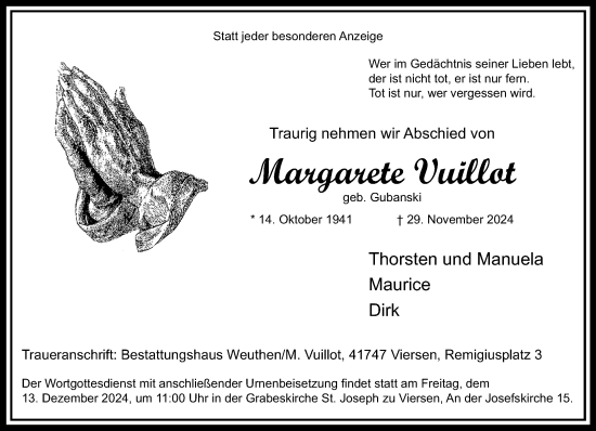 Traueranzeige von Margarete Vuillot von trauer.extra-tipp-moenchengladbach.de