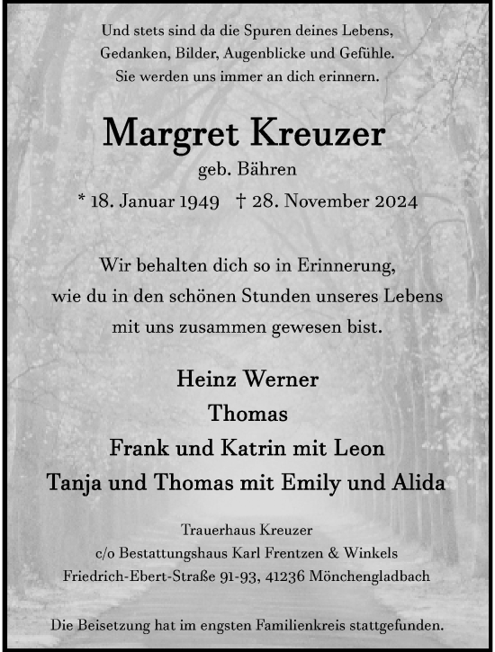 Traueranzeige von Margret Kreuzer von trauer.extra-tipp-moenchengladbach.de