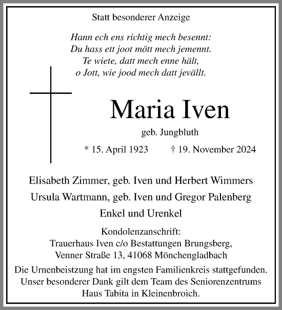 Traueranzeige von Maria Iven von trauer.extra-tipp-moenchengladbach.de