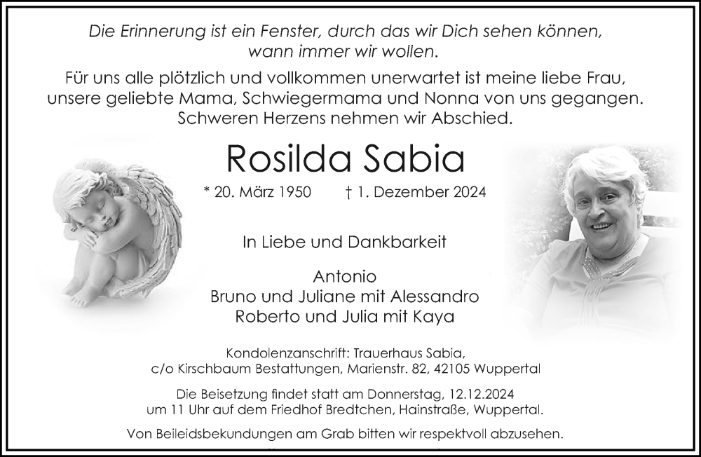  Traueranzeige für Rosilda Sabia vom 07.12.2024 aus trauer.wuppertaler-rundschau.de