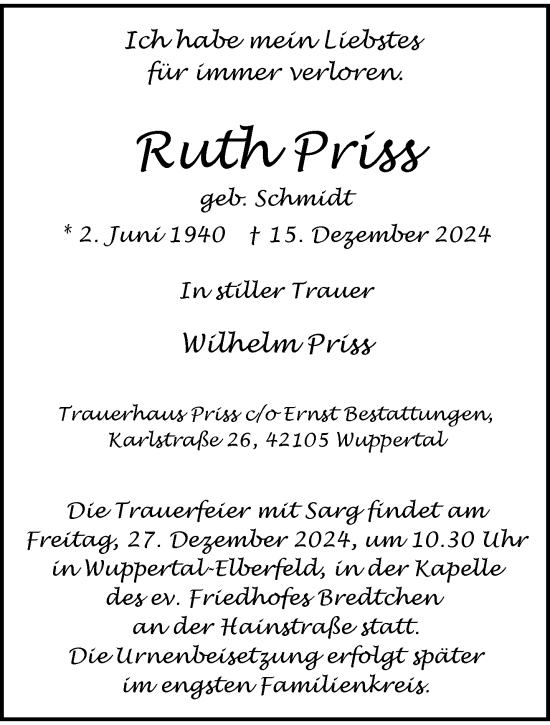 Traueranzeige von Ruth Priss von trauer.wuppertaler-rundschau.de