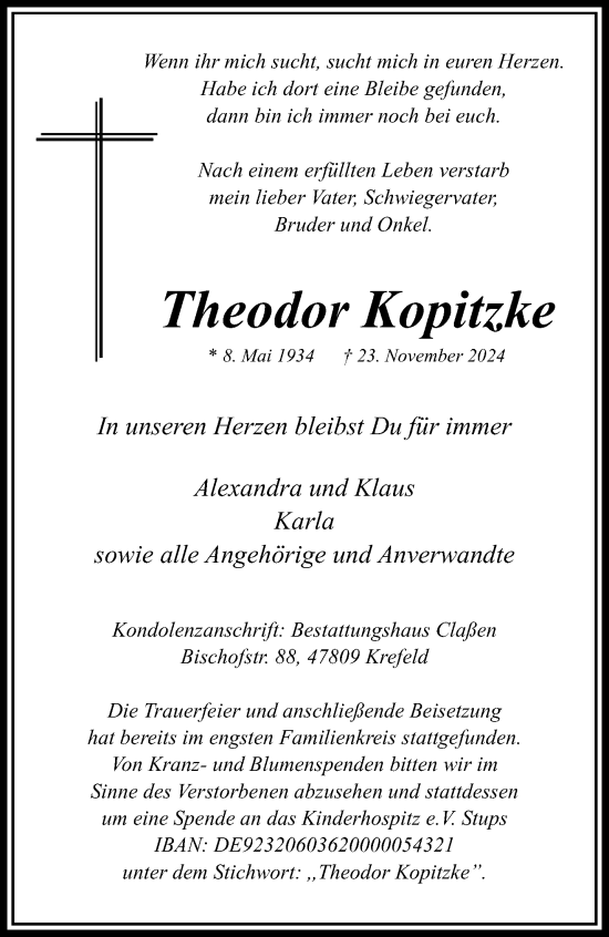 Traueranzeige von Theodor Kopitzke von trauer.extra-tipp-moenchengladbach.de