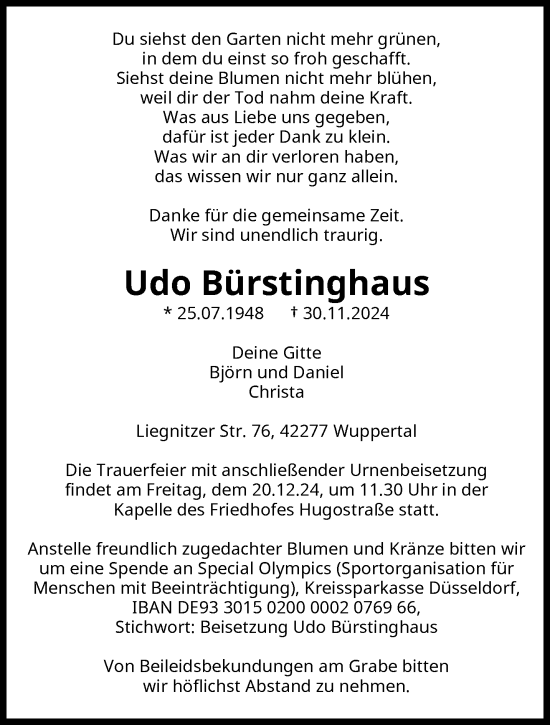 Traueranzeige von Udo Bürstinghaus von trauer.wuppertaler-rundschau.de