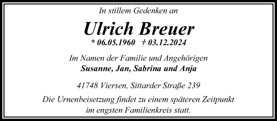 Traueranzeige von Ulrich Breuer von trauer.extra-tipp-moenchengladbach.de