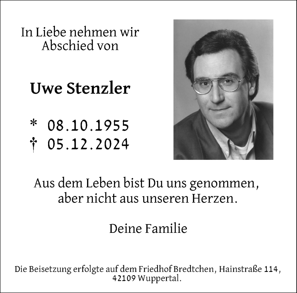  Traueranzeige für Uwe Stenzler vom 14.12.2024 aus trauer.wuppertaler-rundschau.de